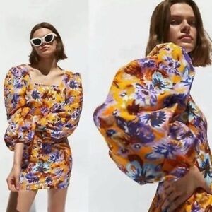 Zara Multicolor Floral Puff Sleeve Mini Dress